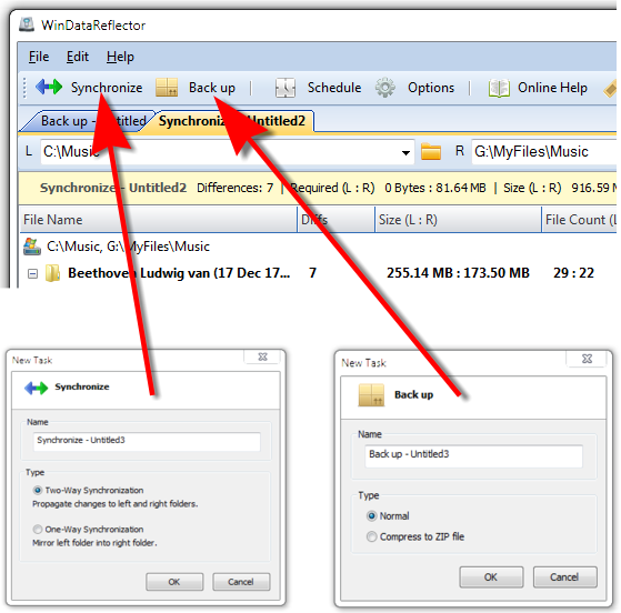 Adding new sync or backup tasks in WinDataReflector