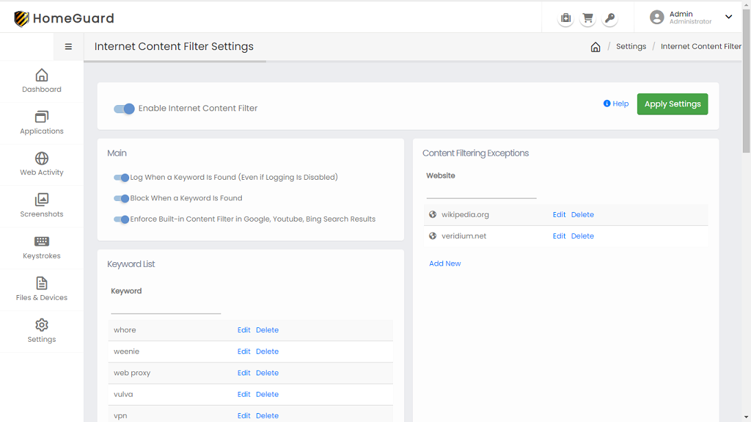 HomeGuard Porn Content Filter Settings