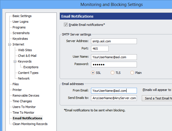 HomeGuard Email Settings, AOL